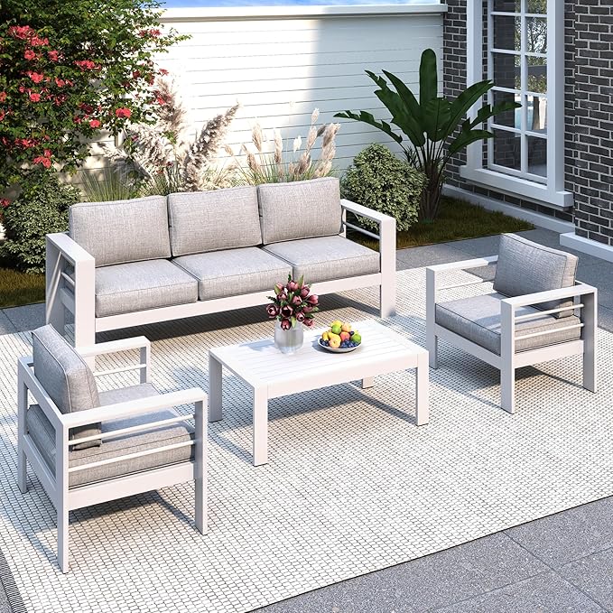 Solaste Aluminum Patio Furniture Set for All Weather, Oversized Metal Outdoor Furniture Set with 27.5" Deep Seat and 3.2" Wide Armrest, Outdoor Patio Conversation Sets with 10" Back Cushion, White