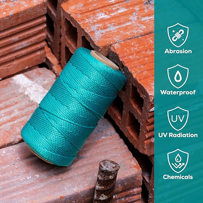Mason Line String 1.3mm Thick Twisted Polypropylene – Durable Construction Twine for Laying Bricks, Blocks, Fences in Gardening, DIY & Landscaping Projects (Green, 393 Ft x 6 Pcs)