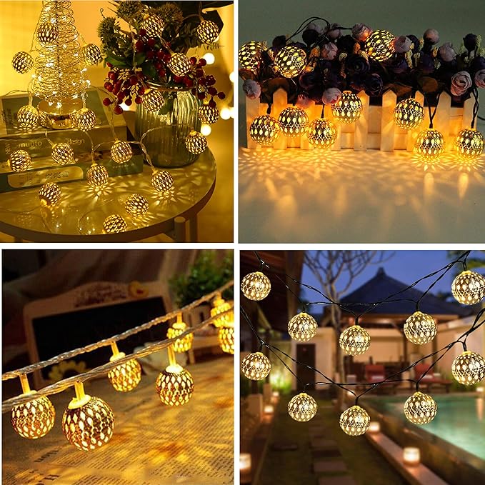 Dephen Solar String Lights - 15ft Outdoor 20LED Christmas Lights, Waterproof Warm White Moroccan for Patio Garden Party Festival Xmas Tree