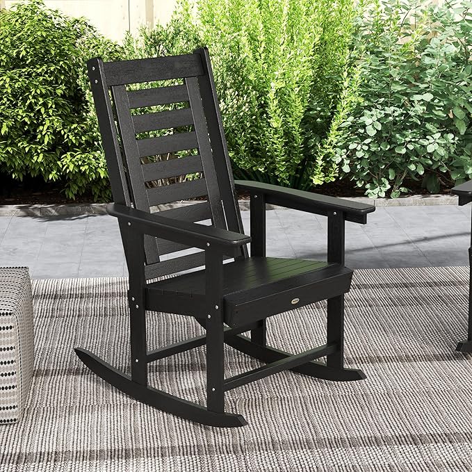 Outsunny Outdoor Rocking Chairs Set of 2, HDPE Patio Rocking Chairs with 28" High Back and Wide Armrests, All-Weather Slatted Porch Rockers for Garden, Balcony, Fire Pit, Black
