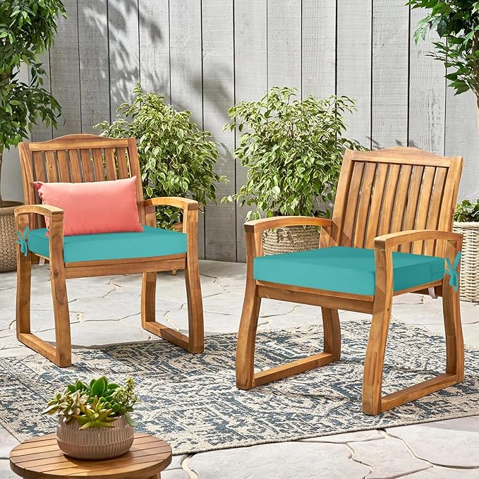 Waterproof Outdoor Chair Cushions Set of 2, Square Outdoor Seat Cushions with Ties and Removable Covers, 19 x 19 Outdoor Cushions for Patio Furniture with Portable Handle(Teal)