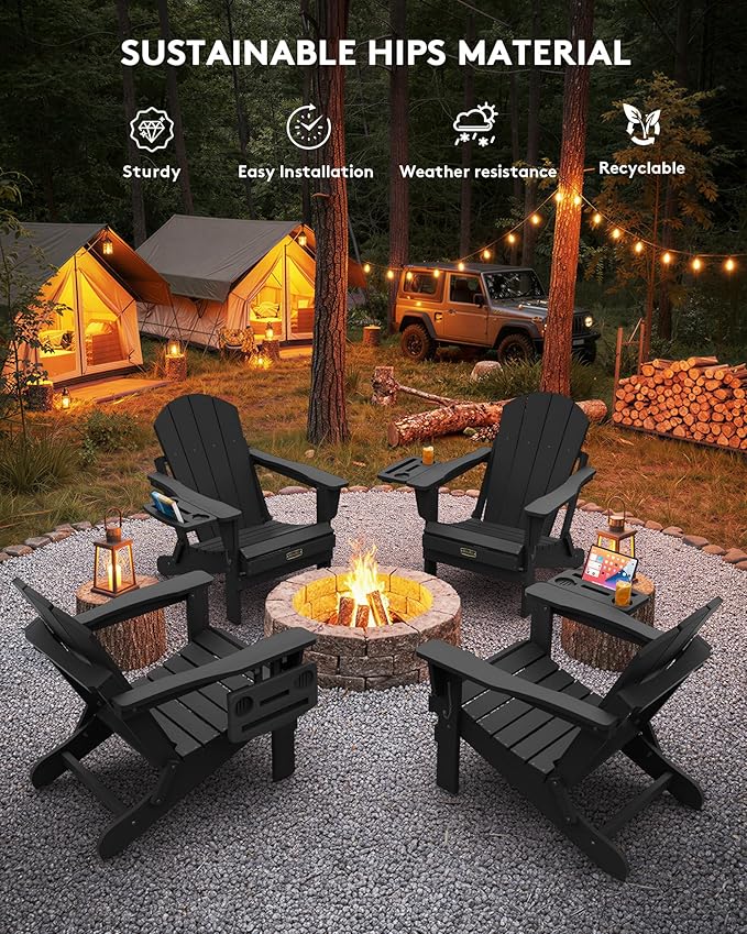 SERWALL Folding Adirondack Chair, Patio Adirondack Chairs with 4 in 1 Cup Holder Trays, All Weather Fire Pit Chair for Outdoor, Garden - Black