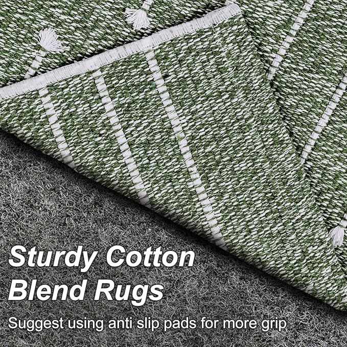 LIVEBOX Green Front Door Mat, Washable Kitchen Rug Cotton Woven Doormat,Small Area Rug for Entryway,Porch (Dark Green & White, 2.3X 3.6)