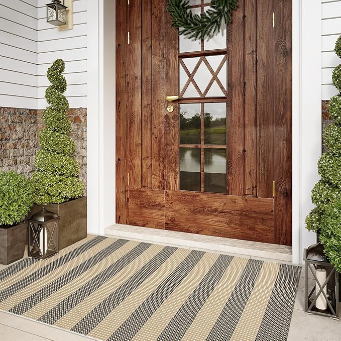 Black and Tan Boho Striped Rugs, 3x5 Rug Outdoor Front Door Mat Hand Woven Washable Rugs for Entryway, Foldable Front Porch Rug for Kitchen/Home Entrance/Farmhouse