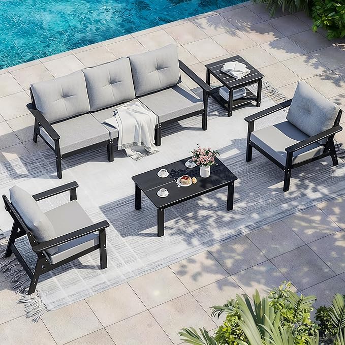 7-Piece HDPE Patio Furniture Set, Outdoor Sectional Sofa Set,All Weather Outdoor Couch with Dust-Free Cushions, Durable Patio Conversation Sets for Balcony, Porch, Black