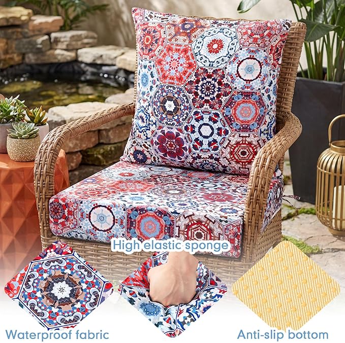 Hoteam 4 Set Outdoor Chair Patio Cushions Deep Seat Waterproof Chair Cushions 20 x 20 Inch for Patio Furniture Set Replacement Removable Seat and Back(Ethnic Style)