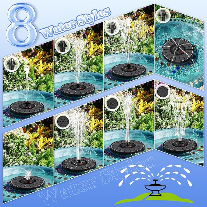 Yzert Solar Fountain with 2000mAh Battery & Innovative Indicator, 3.5W Glass Solar Water Fountain Pump Works in Cloudy Day with 7 Nozzles for Bird Baths, Gardens, Ponds, Pools, Outdoors-Black