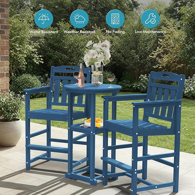 Ciokea Set of 2 Outdoor Tall Bar Chairs, 27" Bar Height Patio Stools with Arms & High Back, Heavy Duty All-Weather Adirondack Tall Chairs for Balcony, Poolside, Deck and Garden, Navy Blue