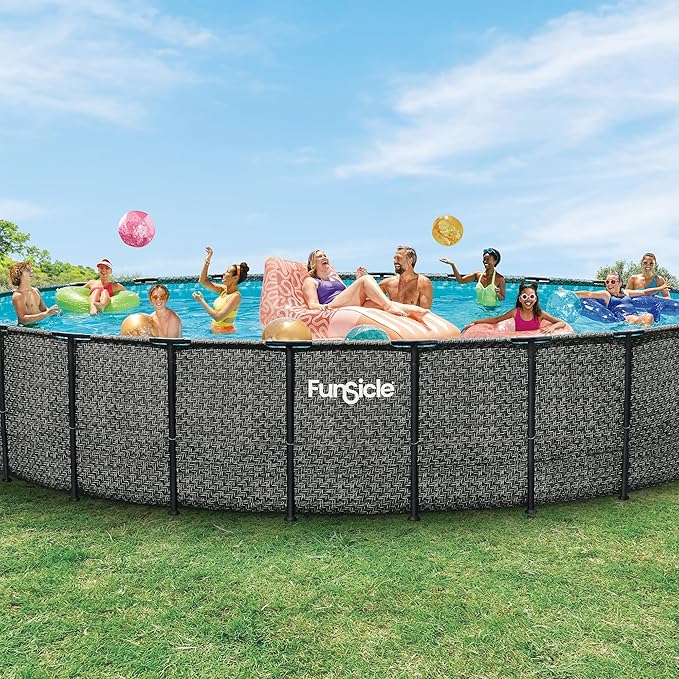 Funsicle Oasis Designer 24' x 52" Round Above Ground Swimming Pool, with 12" Sand Filter Pump, Ladder, Maintenance Kit, Cover, Ground Cloth & Repair Patch, Dark Herringbone