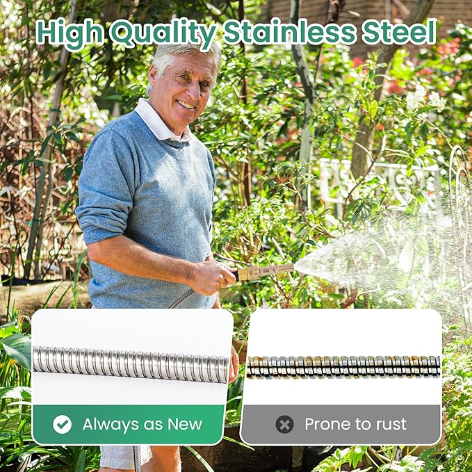 Cesun Metal Garden Hose 75ft - 304 Stainless Steel Water Hose, Flexible, Lightweight and No-Kink Metal Hose with Brass Nozzle for Outdoor, Yard