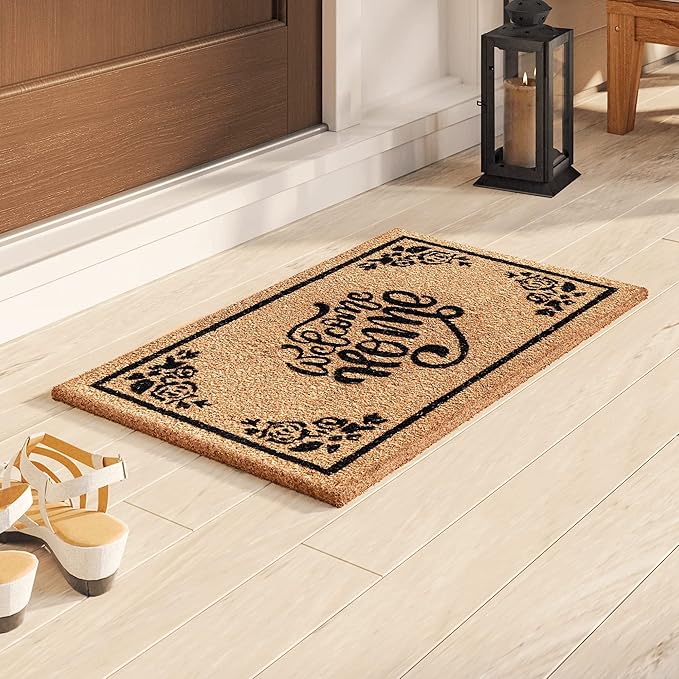 LuxUrux Welcome Mat Outdoor Coco Coir Doormat, with Heavy-Duty PVC Backing - Natural - Perfect Color/Sizing for Outdoor/Indoor uses. (17 x 30, Birch - Welcome Home)