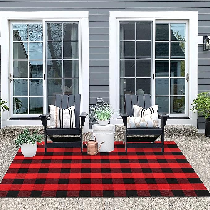 IOHOUZE Christmas Buffalo Plaid Rug 4x6 Ft Outdoor Indoor Rug Red Black Check Washable Area Rug Woven Cotton Checkered Front Porch Mat Christmas Decor for Front Door Entryway Living Room