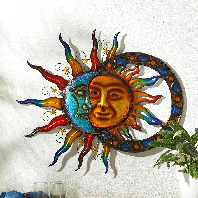Glitzhome Sun and Moon Wall decor, Metal Stylish and Artistic Sun and Moon Yard Art with Sturdy Powder-Coated Various Color Decorative Garden Sign for Outdoor and Indoor