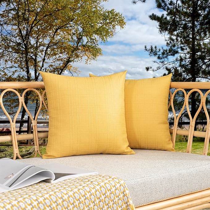Kevin Textile Outdoor Waterproof Pillow Covers Pack of 2 Checkered Decorative Euro Sham Cushion Throw Pillowcases Shell for Patio Tent Garden Couch Bed Sofa 26x26 Inch Yellow