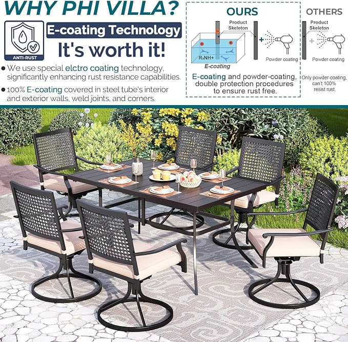 PHI VILLA 7 Pieces Outdoor Dining Set for 6, Rectangular 60" Steel Dining Table & Wrought Iron Swivel Dining Chairs with Cushions, Morden Dining Furniture Set for Patio, Deck, Porch