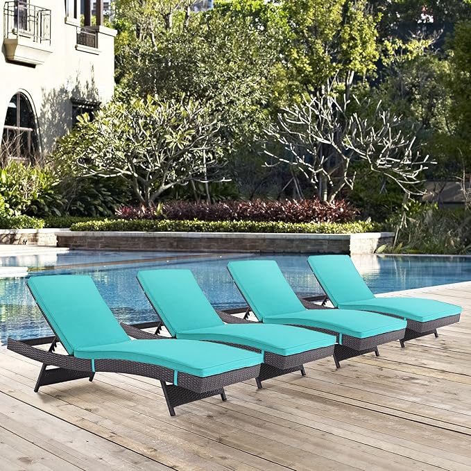 Modway Convene Wicker Rattan Outdoor Patio Chaise Lounge Chairs in Espresso Turquoise - Set of 4