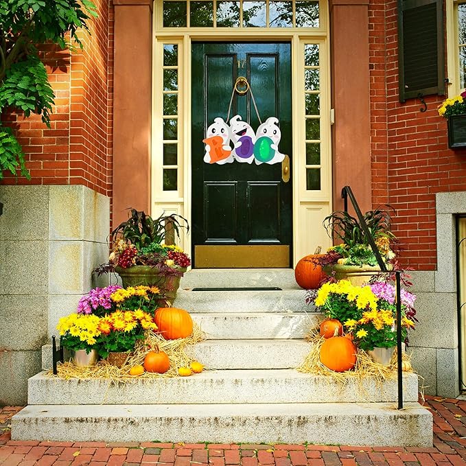 FINGOOO Halloween Door Decor Hanging Sign, BOO Ghost Halloween Door Hanger with Light for Front Door Decorations Outdoor