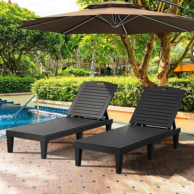 YITAHOME Outdoor Chaise Lounge Chair, Plastic Pool Chaise Lounge with 5-Position Backrest, Easy Assembly & Waterproof for Patio & Poolside, Black