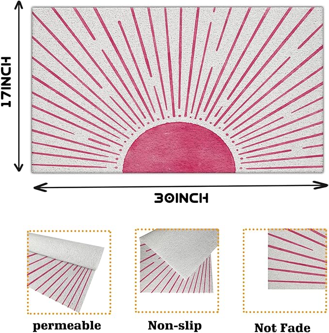 Nogrit Abstract Boho Sun Door Mat, Minimalist Pink Sunshine Sunray Doormat Bathmat for Indoor Outdoor Entrance, Mid Century Modern Boho Welcome Mats for Front Door Outside Porch Entryway, 17x30 Inches