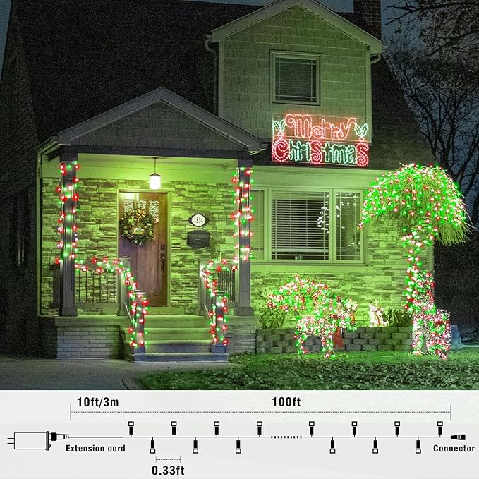 100FT 300 LED Outdoor String Lights, Connectable Christmas Lights Indoor Waterproof with 8 Modes, Plug in Twinkle Fairy Lights Clear Wire for Bedroom Home Wedding Patio Decorations, Red and Green
