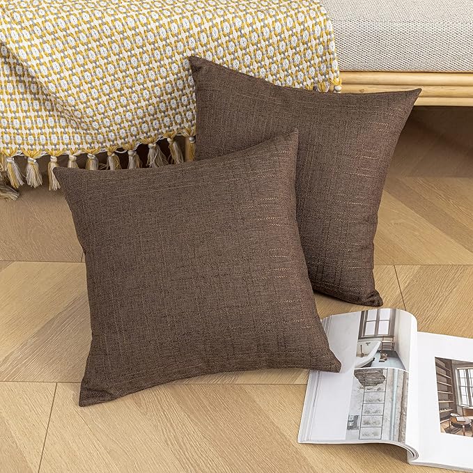 Kevin Textile Pack of 2 Outdoor Waterproof Throw Pillow Covers Decorative Farmhouse Checkered Square Solid Cushion Cases for Patio Garden Porch Sofa Brown 18x18 inch