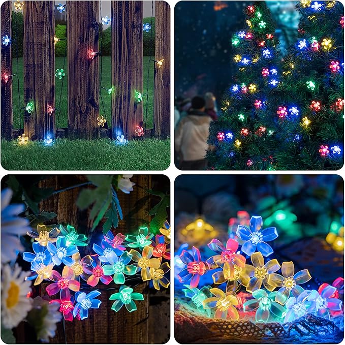 Solar Flower String Lights, 2PACK 50 LED Cherry Blossom Lights Outdoor Waterproof, Solar Fairy Lights Garden Decorations for Fence, Patio, Yard, Christmas Tree, Lawn, Party,Multicolor