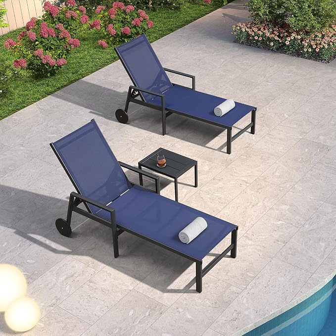 PURPLE LEAF Patio Chaise Lounge 4 Pieces Aluminum Recliner Chair with Wheels and Armrests Lounger for Pool Lawn Navy Blue Outdoor Lounge Chair