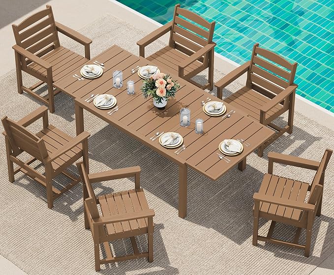 SERWALL 7-Piece Patio Dining Sets, 60" - 83" Expandable Outdoor Dining Table and 6 HDPE Chairs, All Weather HDPE Outdoor Furniture Set for Backyard, Garden, Brown