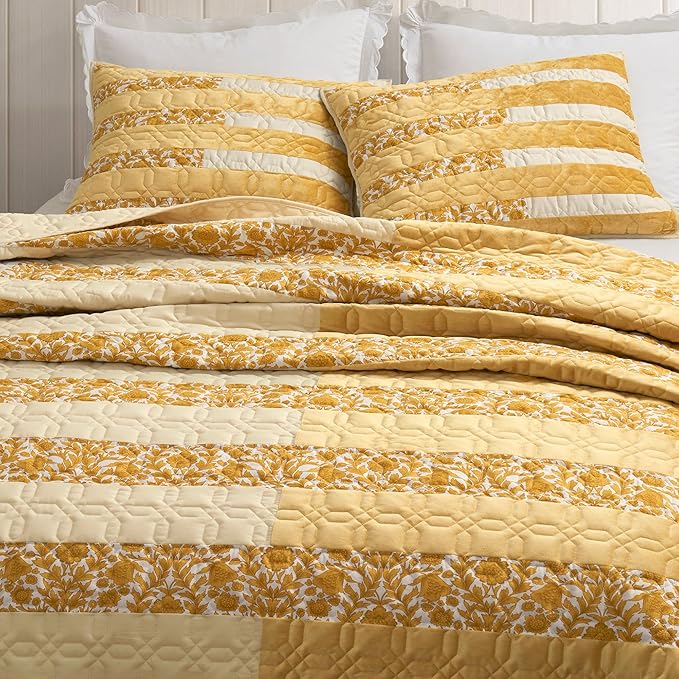 Wonderful Patchwork Quilt Set King Size Bedding Set, Cotton Floral Bedspread Splicing Piano Key Design, Rustic Coverlet Ginger Yellow