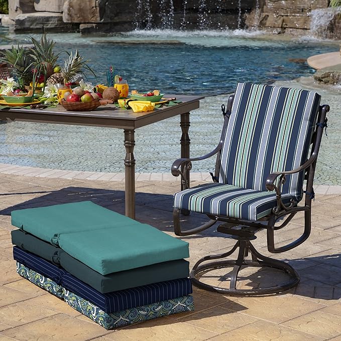 Arden Outdoor Patio Dining Chair Cushion, 20x44, Rain-Proof Seat Pad, Fade-Resistant Outdoor Cushion Sapphire Aurora Blue Stripe