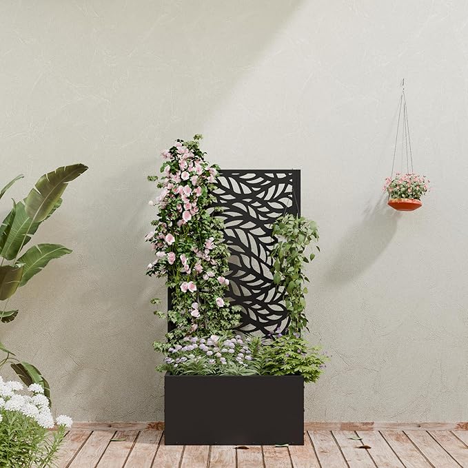 Casaphoria Metal Raised Garden Bed with Trellis and Wheels, 47"x24"x12" Planter Box for Climbing Plants, Vegetables & Vines, Features Drainage Holes and Privacy Screen (Black-Spring)
