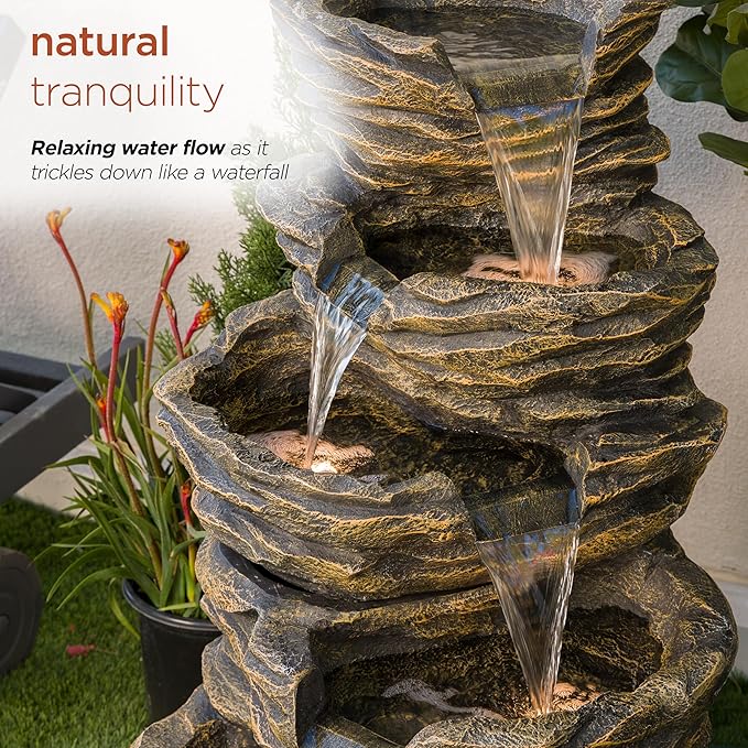 Alpine Corporation 39" Tall Outdoor 5 Tiered Natural Look Rock Water Floor Fountain with Replaceable Lights, Brown
