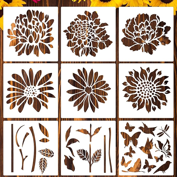 CeeVian Large Flower Stencils for Painting 9 Pieces Floral Templates Reusable Flower Stencil Wildflower DIY Art Stencils for Outdoors Garden Walls Lace Home Canvas Furniture Paper