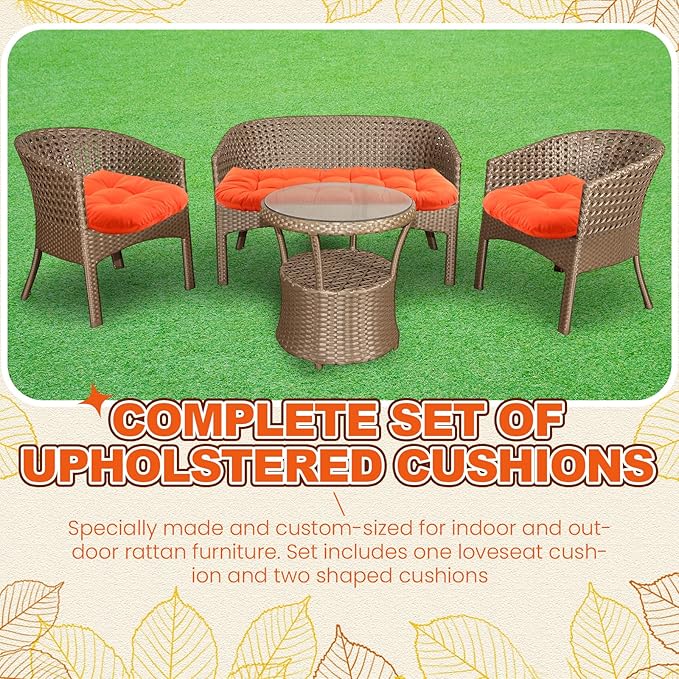 Barydat 3 Pack Wicker Furniture Cushions Waterproof Outdoor/Indoor Tufted Wicker Chair Cushions 1 Loveseat and 2 U-Shape Rattan Chairs for Patio Furniture, Rattan Love Seat, Bench (Orange)