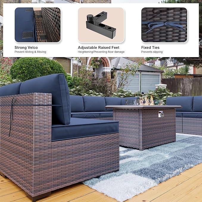Kullavik 10 Pcs Outdoor Patio Furniture Set with 43" Gas Propane Fire Pit Table PE Wicker Rattan Sectional Sofa Patio Conversation Sets,Navy Blue