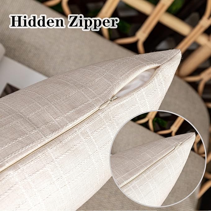 Kevin Textile Pack of 2 Outdoor Waterproof Throw Pillow Covers Decorative Square Outdoor Checkered Pillows Cushion Case Patio Pillows for Couch 12x20 inches 30x50 cm Light Beige