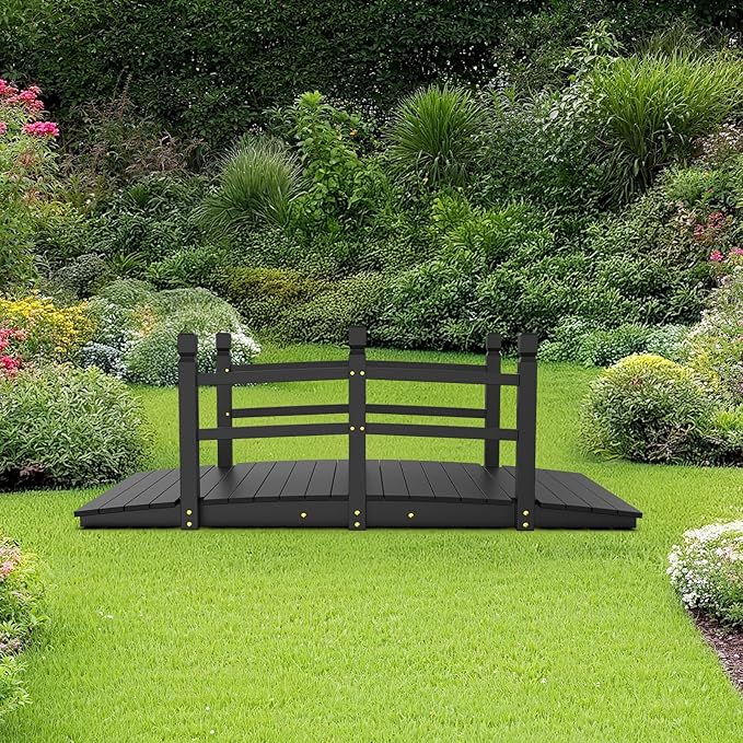 Outvita 5 ft Garden Wooden Bridge Arch Stained Finish with Safety Rails Outdoor Footbridge for Backyard Creek Farm, Decorative Pond Bridge