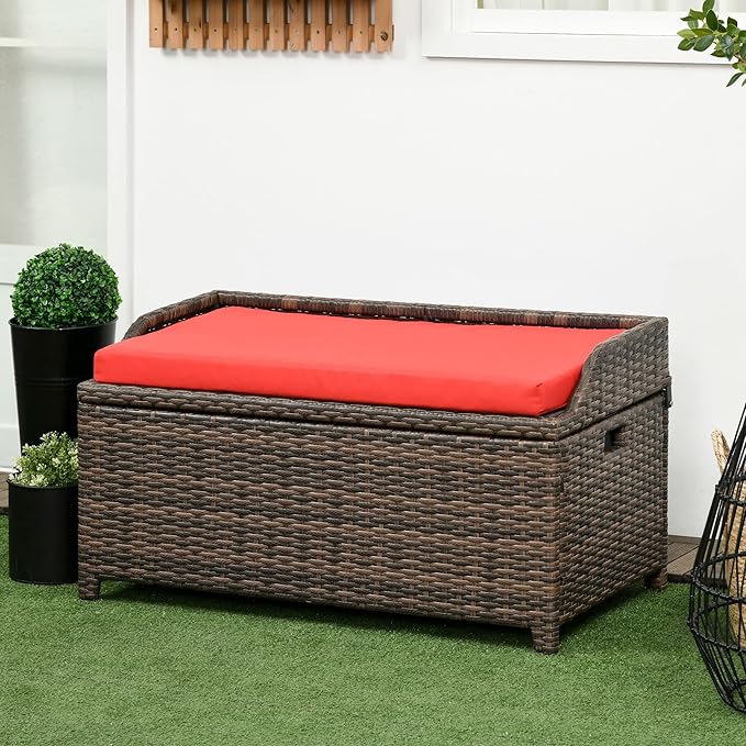 Outsunny 34 Gallon Outdoor Wicker Storage Bench Deck Box, PE Rattan Patio Furniture Pool Storage Bin Container with Interior Waterproof Cloth Bag and Comfortable Cushion, Red