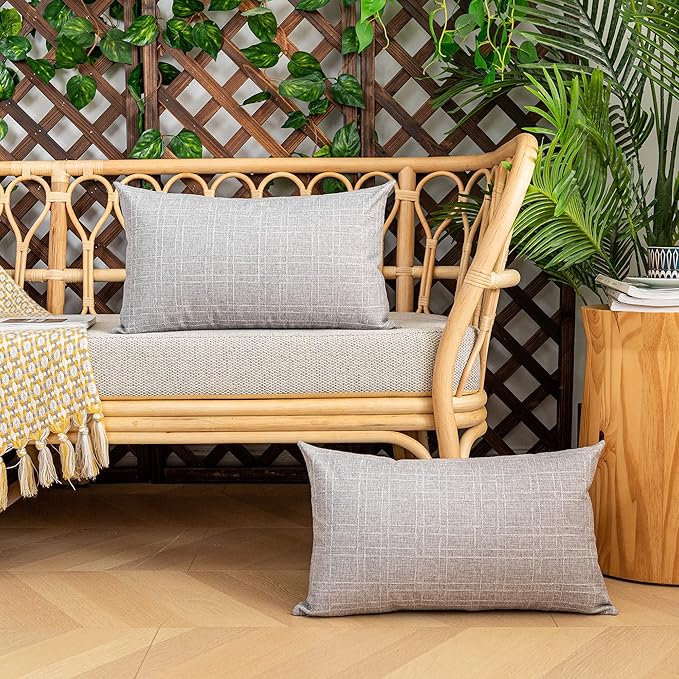 Kevin Textile Pack of 2 Outdoor Waterproof Throw Pillow Covers Decorative Square Outdoor Checkered Pillows Cushion Case Patio Pillows for Couch 12x20 inches 30x50 cm Grey