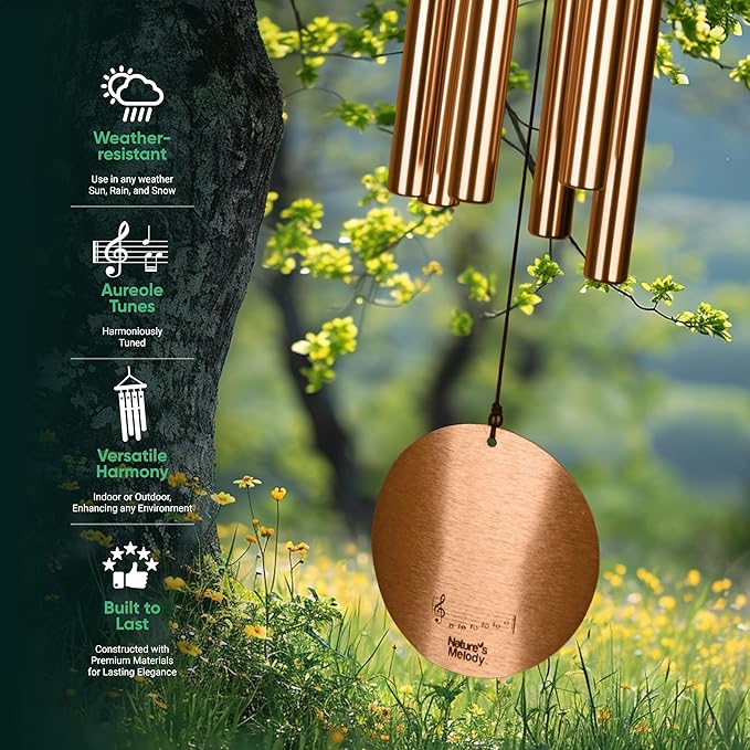 Nature’s Melody Aureole Tunes Wind Chimes – Outdoor Windchime with 6 Tubes, 100% Rustproof Aluminum, Powder Finish & S Hook Hanger for Sympathy, Memorial Gift or Zen Garden (Bronze, 42")