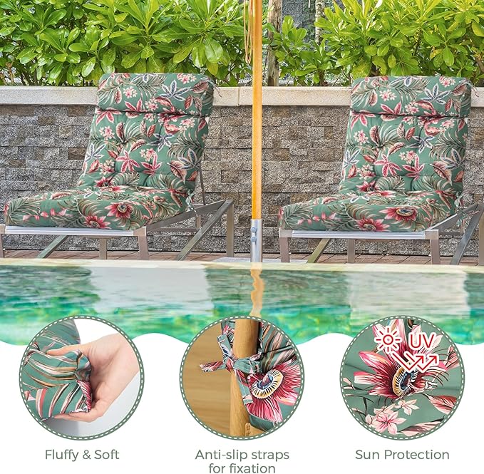 Barydat 4 Pcs Tufted High Back Chair Cushion Indoor Outdoor Seat and Back Cushions Palm Leaves Tropical Plants Lawn Rocking Chair Pads with Ties for Adirondack Patio Garden (Green Flower)