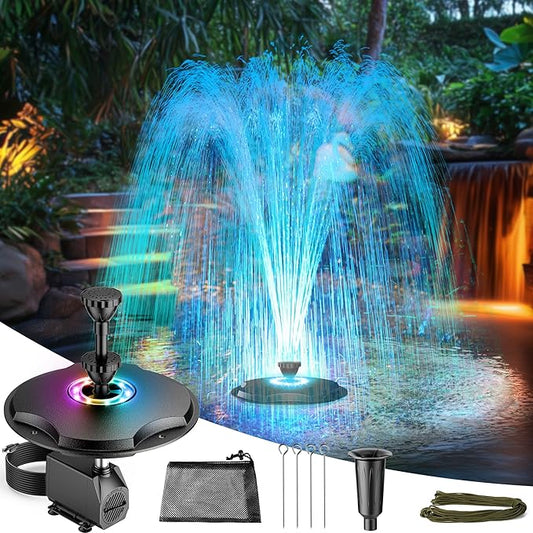 Antfraer Floating Pond Fountain with LED Lights - 40W 660GPH Pump with 3 Spray Modes, Floating Fountain 27FT Power Cord & 65.6FT Mooring Line for Garden Ponds, Waterfalls & DIY Water Features