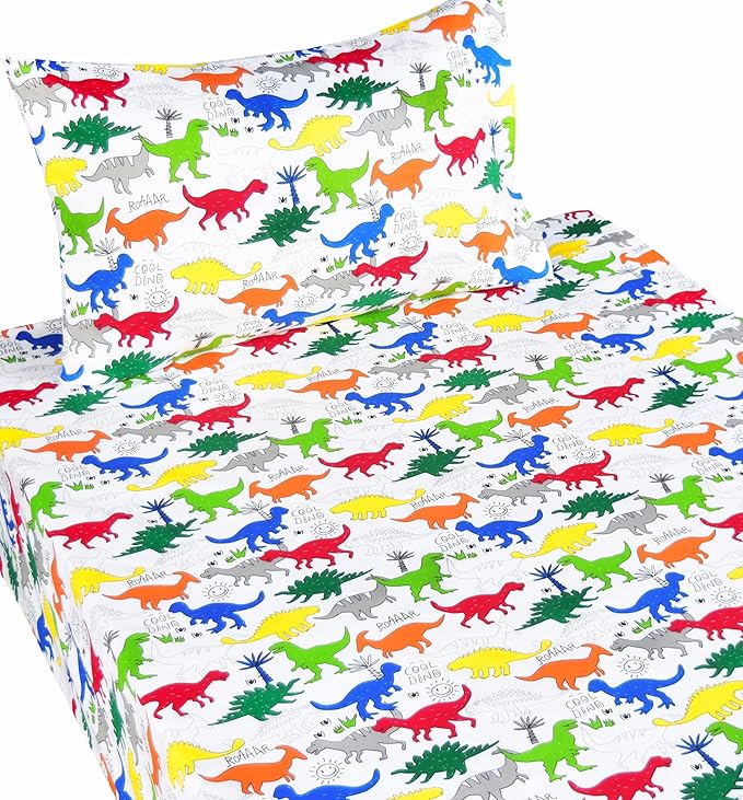 Scientific Sleep Colorful Dinosaur Cute Fun 100% Cotton Cozy Twin Bed Sheet Set, Flat Sheet & Fitted Sheet & Pillowcase Kids Boys Girls Natural Bedding Set (Dino, Twin)