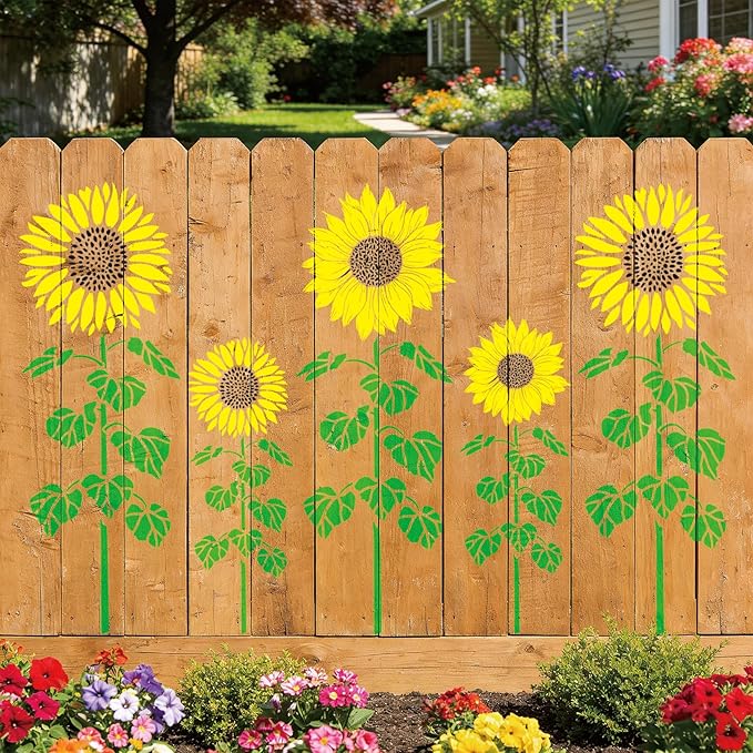 Large Sunflower Fence Stencil for Painting on Fences Wood Reusable Tall Blooming Flower Stencils Kit Garden Fence Flower Templates for Outside Mural Walls Crafts Canvas (Sunflower 8pcs)