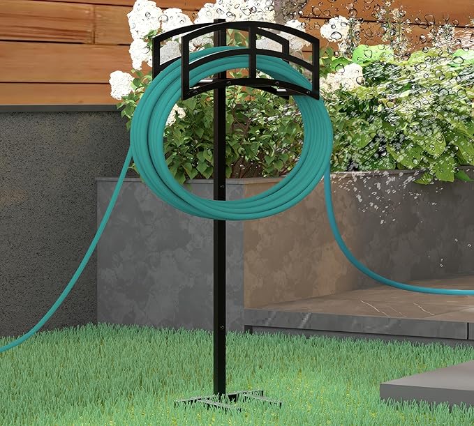 Kingson Heavy-Duty Metal Garden Hose Holder - Detachable & Freestanding Hose Stand with 4 Anchor Points, Black (Outdoor Use)