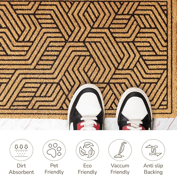 Welcome Doormats, Natural Coco Coir Mats with Non-Slip PVC Backing, Indoor Outdoor Mats for Home & Office, Floor Rugs for Door Decor, Geometric Porch Rug with Black Maze Pattern, 30"x17"