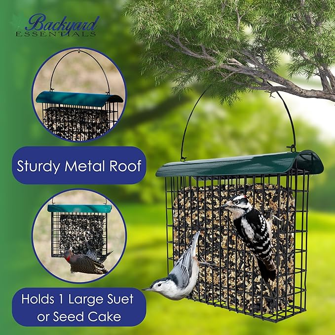Backyard Essentials Large Suet Feeder - Metal Woodpecker Suet Cage with Metal Roof - Holds 1 Large Seed Cake