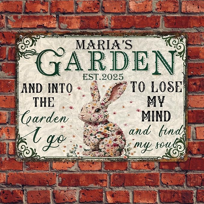 Custom Garden Signs Personalized Metal Tin Sign for Women, Retro Funny Rabbit Metal Sign for Outdoor, Patio, Yard Rustic Home Decor Gift for Mothers Day, Grandmas, and Gardening Lovers