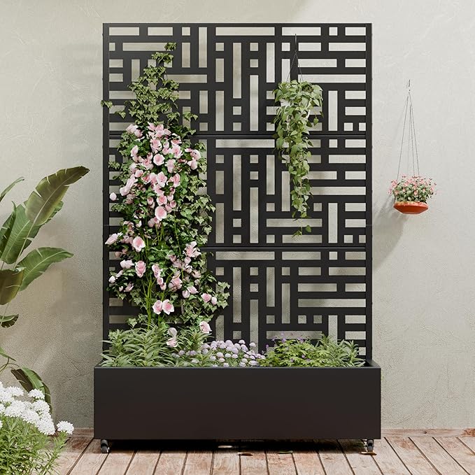 Casaphoria Metal Raised Garden Bed with Trellis and Wheels, 72"x47"x16" Planter Box for Climbing Plants, Vegetables & Vines, Features Drainage Holes and Privacy Screen (Black-Helen)