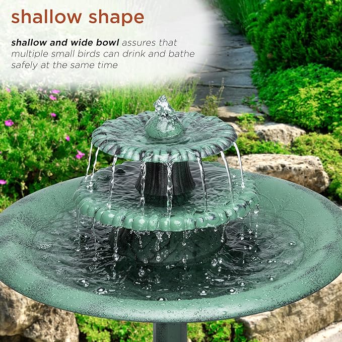 Alpine Corporation 35" Tall 3-Tier Outdoor Pedestal Water Fountain – Durable Resin Cascading Water Feature and Birdbath for Garden, Patio, Deck, and Backyard, Green
